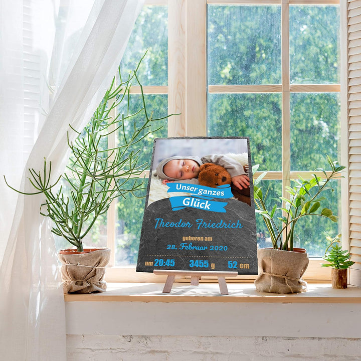 wandmotiv24 Schieferplatte mit eigenem Foto zur Geburt, 20 x 30 cm, inklusive Staffelei, Unser ganze