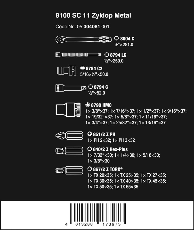 Wera 05004081001 8100 SC 11 Zyklop Metal-Knarrensatz, Umschalthebel, 1/2 Zoll -Antrieb, zöllig, 28-t