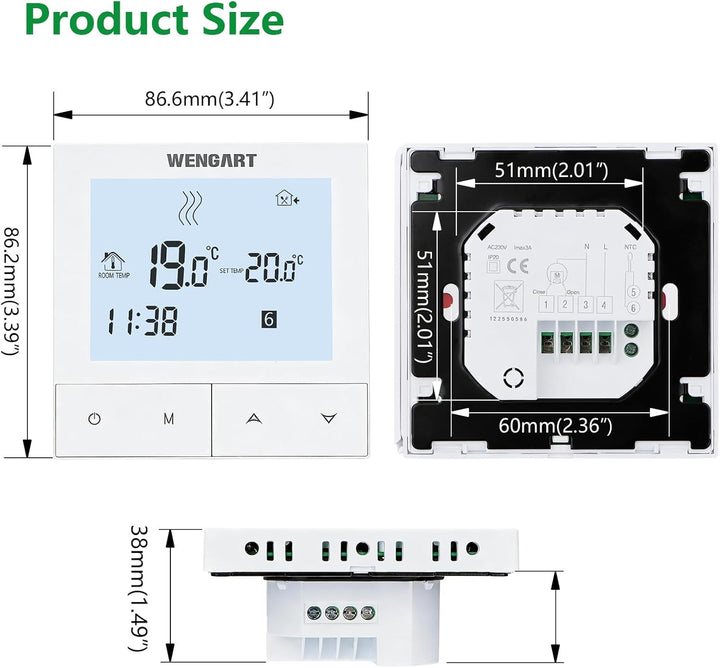 Wengart Thermostat für Fussbodenheizung WG372,AC230V 3A LCD-Anzeige, manueller Programmiermodus opti