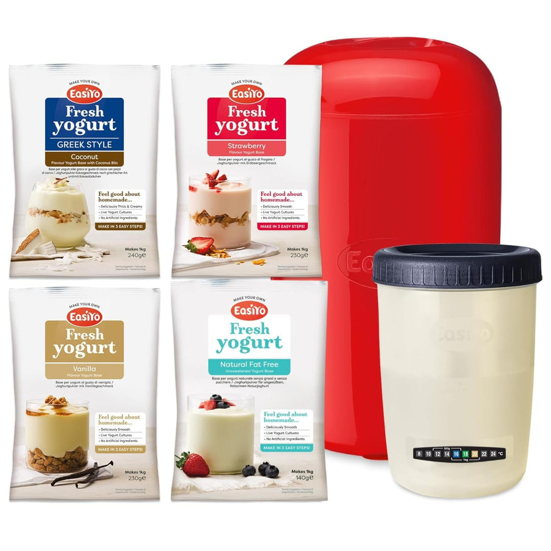 Roter EasiYo Joghurtbereiter (1kg) Starterset | Enthält 4 Beutel Naturjoghurt, Erdbeere, Vanille und