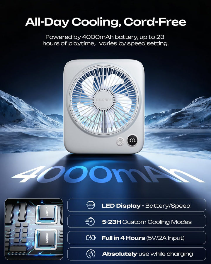 Otlonpe Tischventilator Leise, 4000mAh Akku Ventilator Camping Tragbar, 23H Laufzeit Mini Ventilator