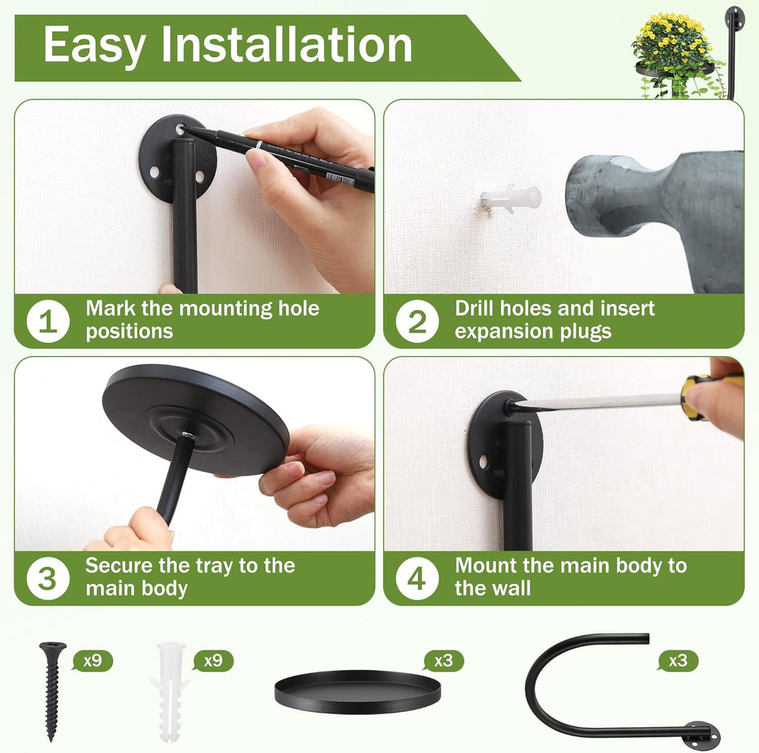 3 Stück Blumenständer Wandmontage, Metall Pflanzenregal Wand, Hängende Pflanzenhalter Blumentopfhalt
