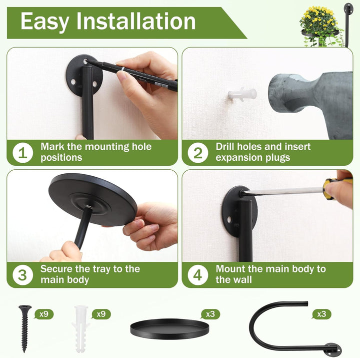 3 Stück Blumenständer Wandmontage, Metall Pflanzenregal Wand, Hängende Pflanzenhalter Blumentopfhalt