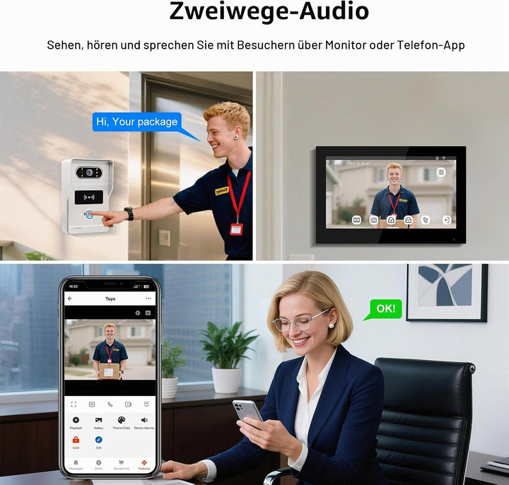 2 Draht WLAN Kabellose Video Türsprechanlage, 1080P HD 7 Zoll Touchscreen Video Intercom System für