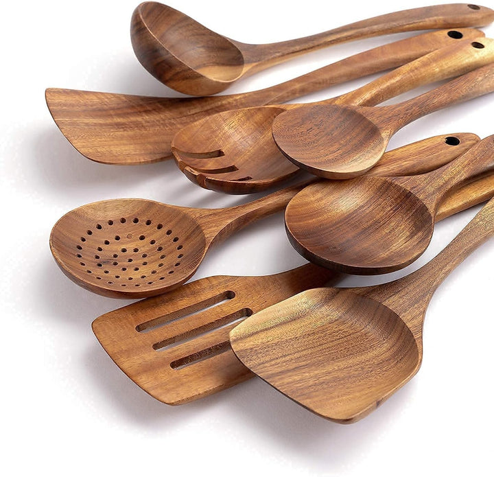 JUJOYBD Küchenutensilien Set Holz 8-tlg - Kochutensilien Set Küchenhelfer aus 100% Teak - Antihaftes