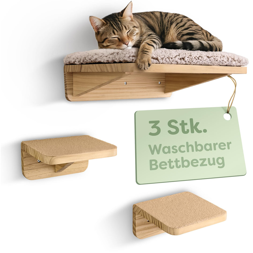 Katzen Kletterwand Set mit Katzenbett & 2X Katzentreppe – Massives FSC® Kiefernholz, Stabile Wandlie