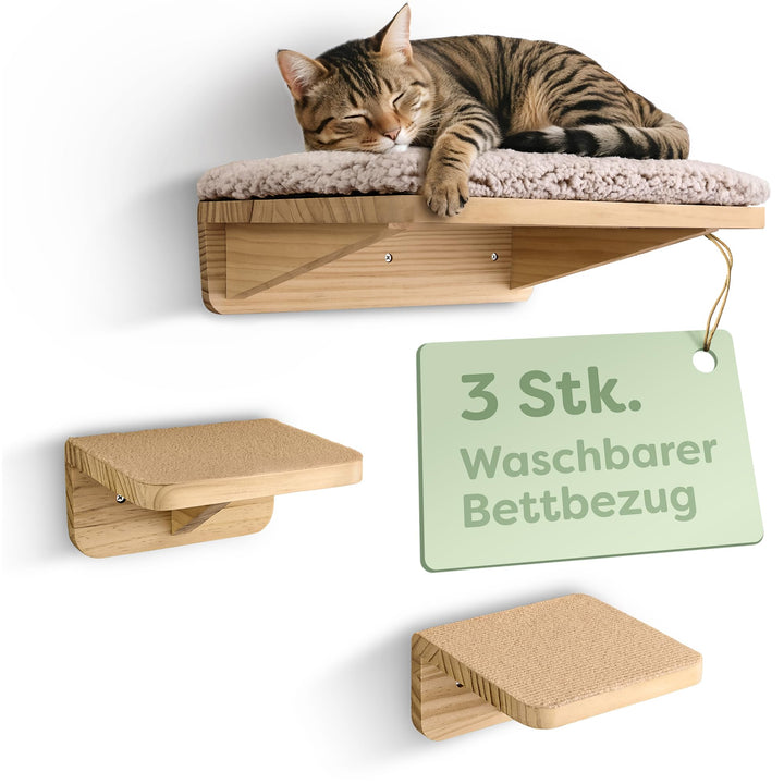 Katzen Kletterwand Set mit Katzenbett & 2X Katzentreppe – Massives FSC® Kiefernholz, Stabile Wandlie
