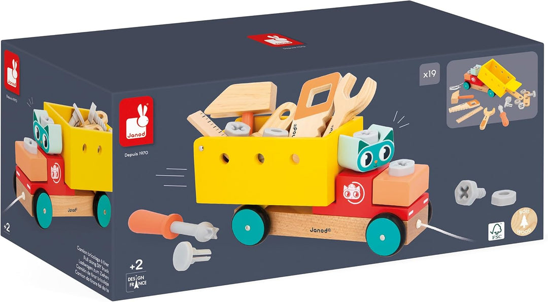 Janod - Mein erstes Konstruktionsspiel - Nachzieh-DIY-LKW - 23 Zubehörteile - Rollenspiel - Feinmoto