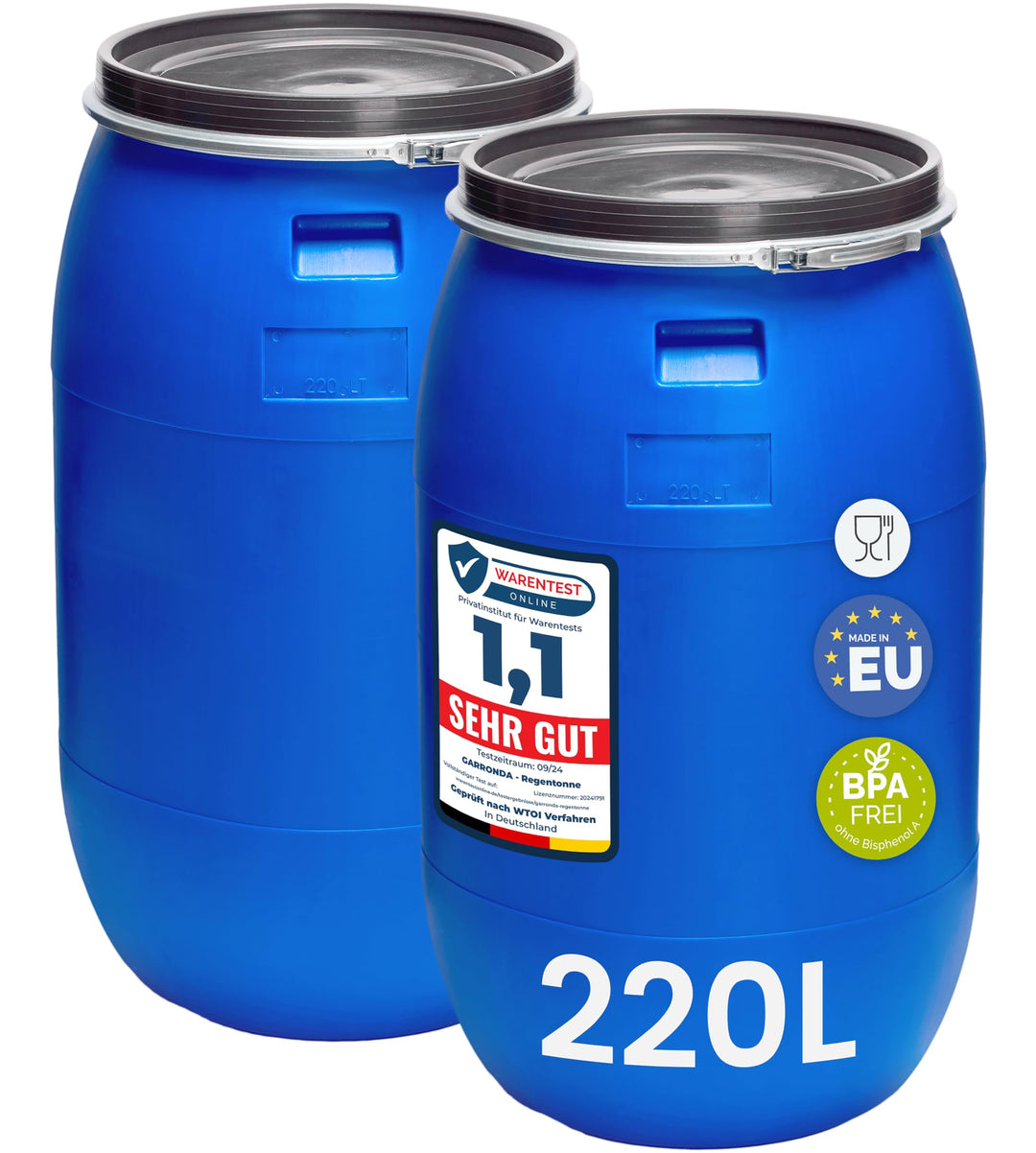 Garronda Set 2X 220 Liter Regentonne mit Deckel Weithalsfass aus HDPE Regenfass für Garten Fass 220l