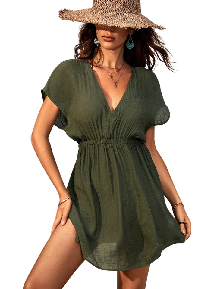 CUPSHE Damen Bikini Cover Up Strandkleid V Ausschnitt Kurzarm Blätter Print Seitenschlitz Sommer Bea