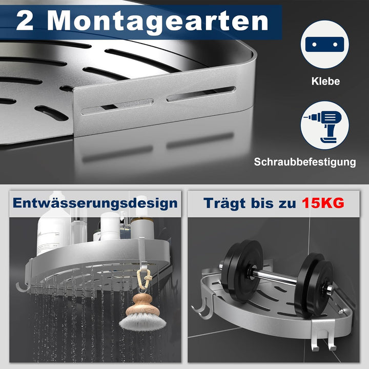 Duschablage Ohne Bohren Ecke Silber, Shampoo Halterung für Dusche und Rostschutz Duschregal-mit 4 Ha