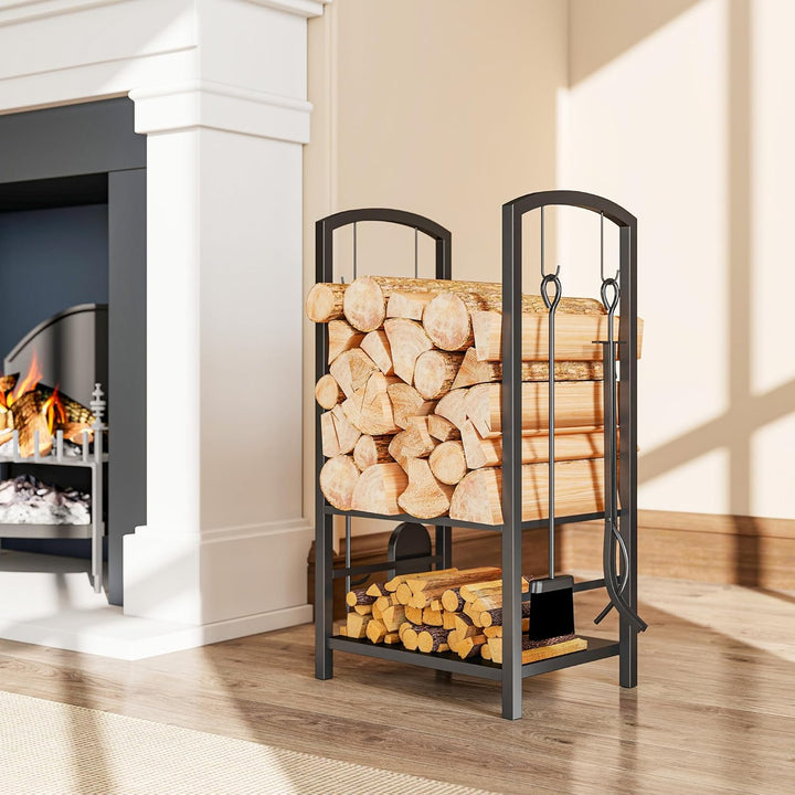 Outsunny Kaminholzständer Brennholzregal Feuerholzablage 2 Schichte Kaminwerkzeug Schwarz 40x30x74,5