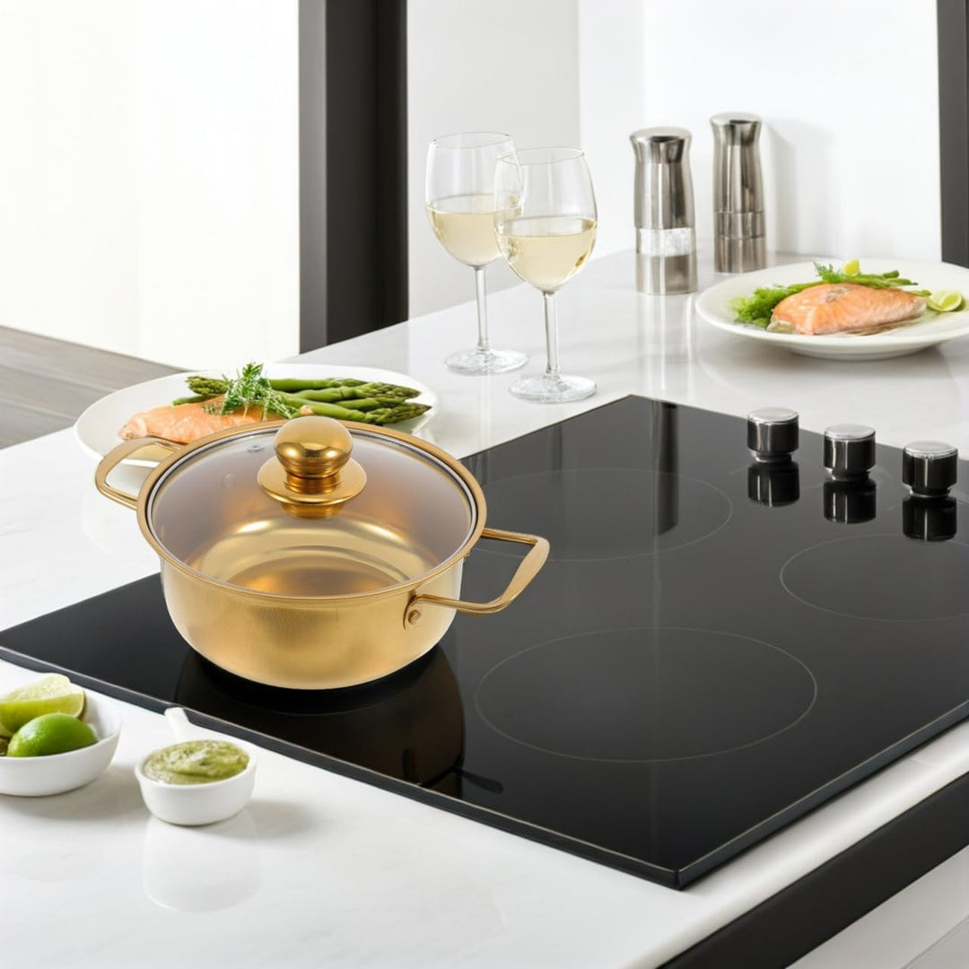 BESTYASH Induktionsgeeigneter Edelstahl Ramen Topf Mit Glasdeckel Goldene Kleine Kochpfanne Doppelte