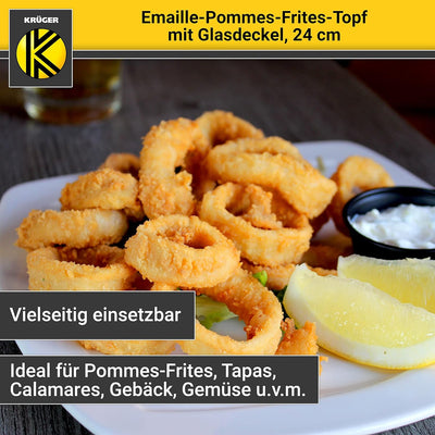 Krüger Emaille-Pommes-Frites-Topf mit Chromrand, Siebeinsatz und Aufliege-Glasdeckel - 24cm - perfek