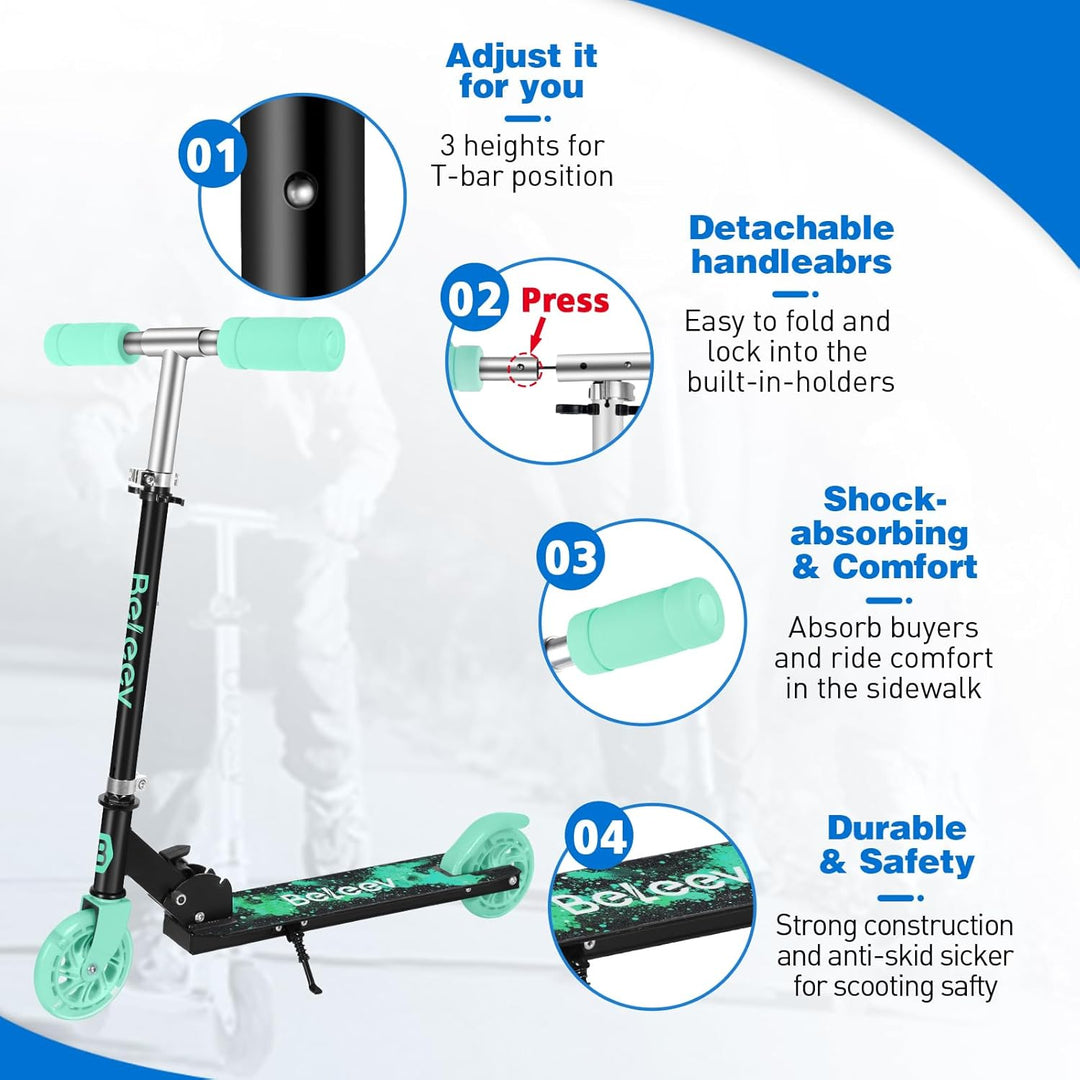 BELEEV V1 Roller Kinder 2 Räder, Klappbar Kinderroller für Mädchen Jungen, Tretroller mit LED Leucht