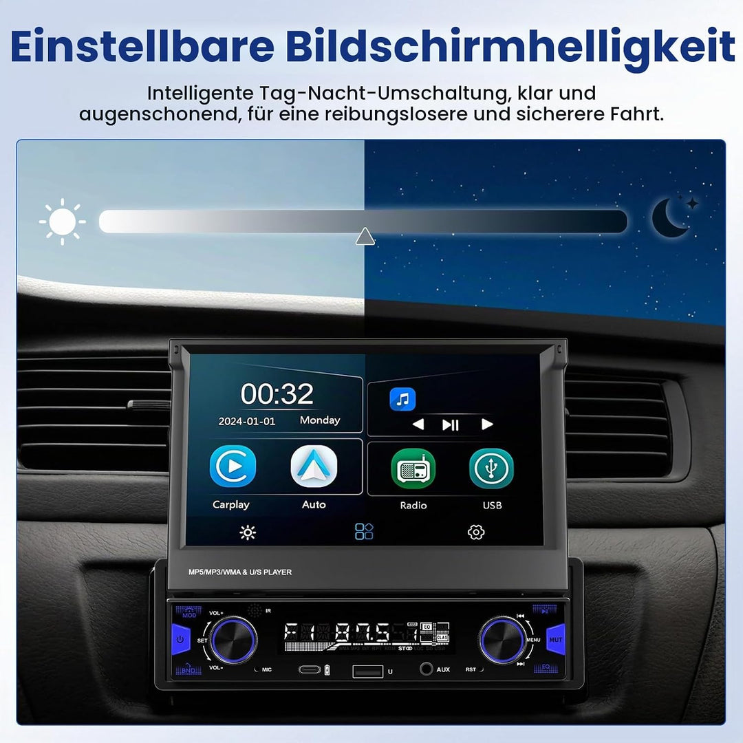 Hikity 1 Din Autoradio mit 7” IPS Manuell Einziehbarer Touchscreen Wireless Carplay Andriod Auto FM