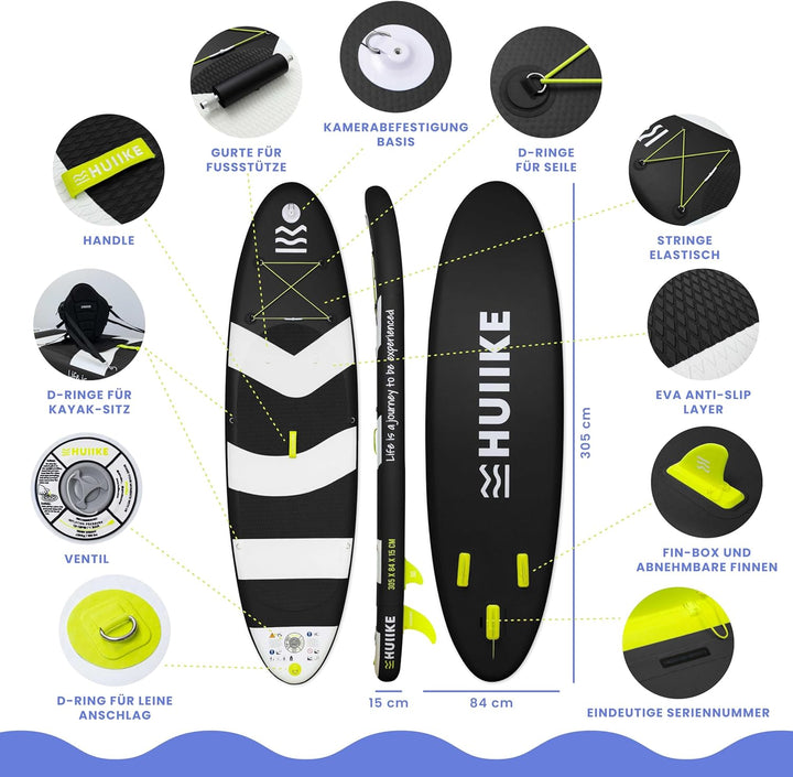 HUIIKE Stand Up Paddling Board mit Zubehör, Paddel, Finnen, Pumpe. Paddle Sup Board Aufblasbar Hohe