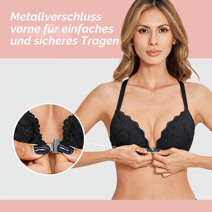DOBREVA Damen Vorderverschluss BH mit Bügel Push Up Spitzen Neckholder BHS Racerback Tiefer Ausschni