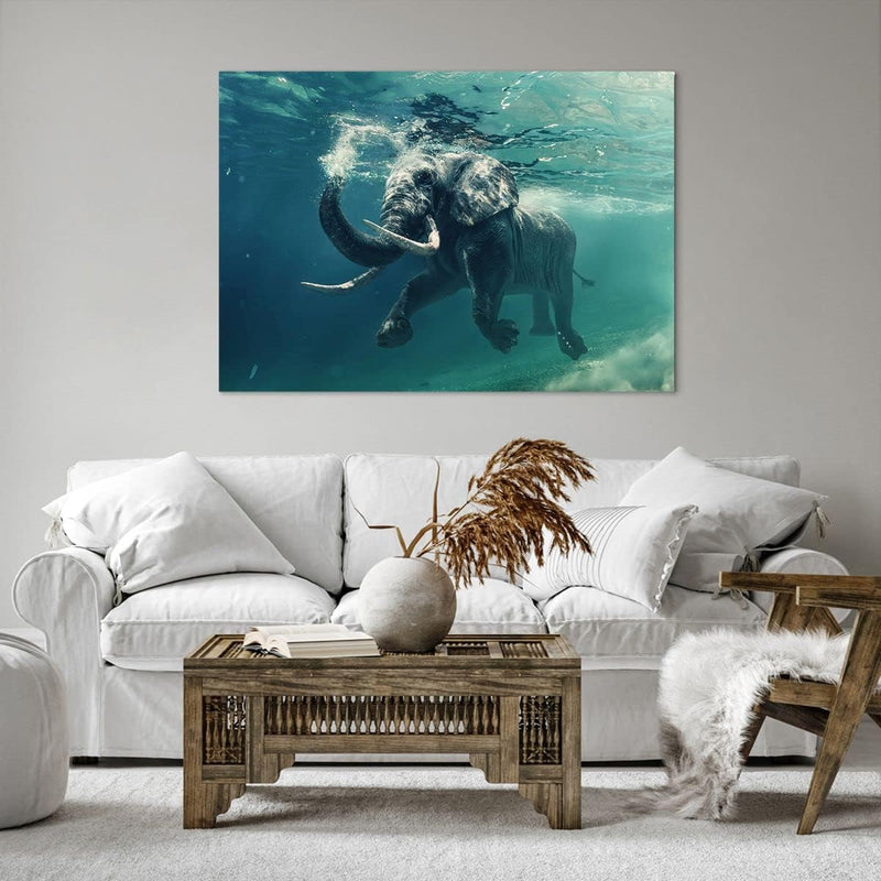 Bilder auf Leinwand 100x70cm Leinwandbild mit Rahmen Elefant Tier Wasser Gross Wanddeko Bild Schlafz