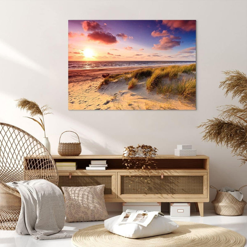 Bilder auf Leinwand 100x70cm Leinwandbild mit Rahmen Meer Strand Düne Gross Wanddeko Bild Schlafzimm