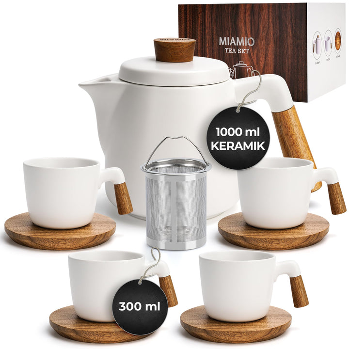 MIAMIO - 1 Liter Keramik-Teekanne-Set mit Siebeinsatz und Tassen/Teesieb, 4 Keramik-Teetassen (300 m