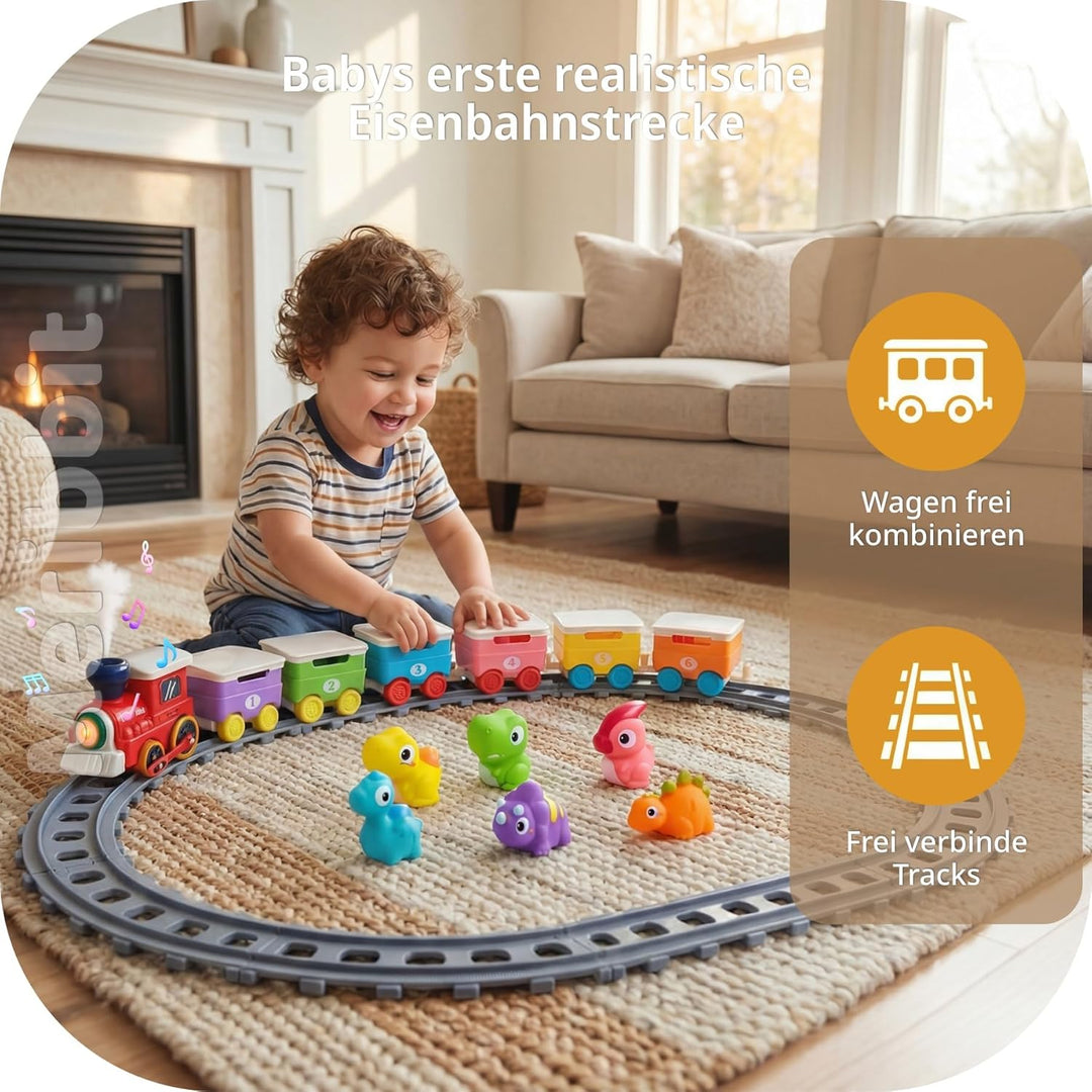 Montessori Zug Set mit Schienen, Licht & Dampfeffekt, Dinosaurier Fingerpuppen, Lernspielzeug für Ki