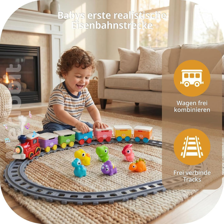 Montessori Zug Set mit Schienen, Licht & Dampfeffekt, Dinosaurier Fingerpuppen, Lernspielzeug für Ki