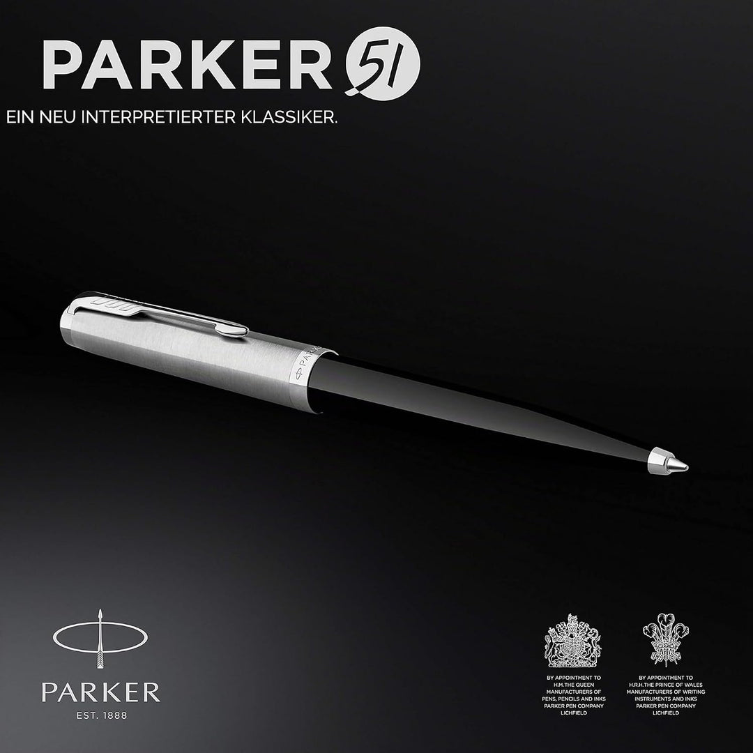 Parker 51 Kugelschreiber | Schwarzer Schaft mit Chromfarbenen Zierteilen | Mittlere Schreibspitze mi