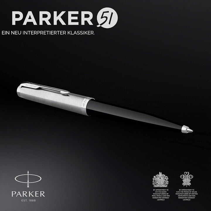 Parker 51 Kugelschreiber | Schwarzer Schaft mit Chromfarbenen Zierteilen | Mittlere Schreibspitze mi
