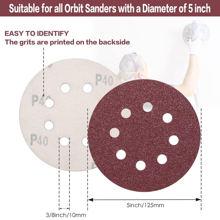 STEBRUAM 100 Stück Schleifpapier 125mm Klett 40 körnung,Profi 125 Schleifscheiben Rund 8 Loch für Ex
