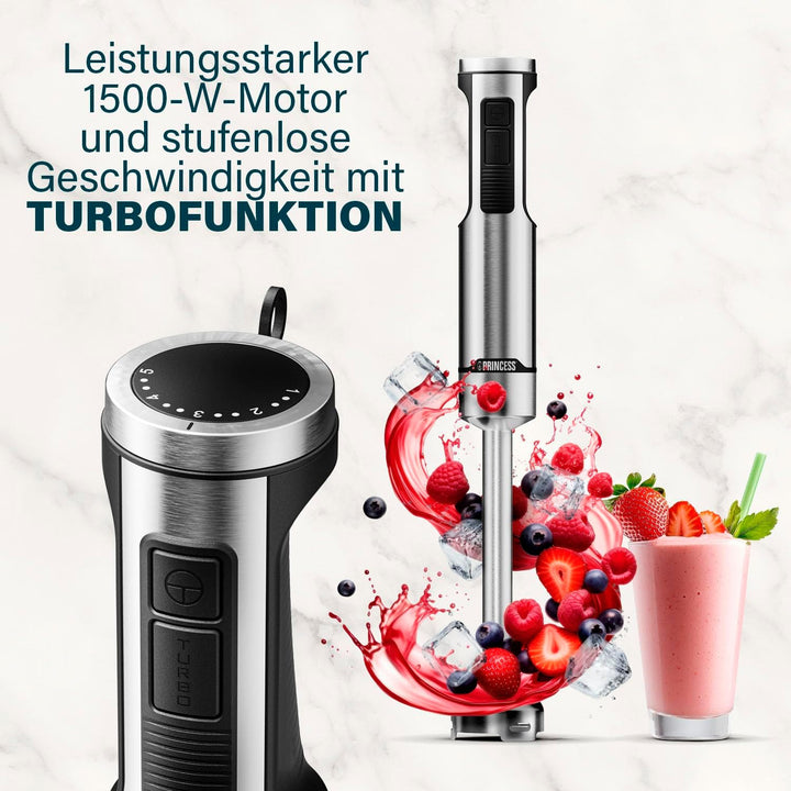 Princess Edelstahl-Stabmixer Prof XXL, 1500W, 50cm Extra-Langer Stab, 5 Geschwindigkeiten, Turbofunk