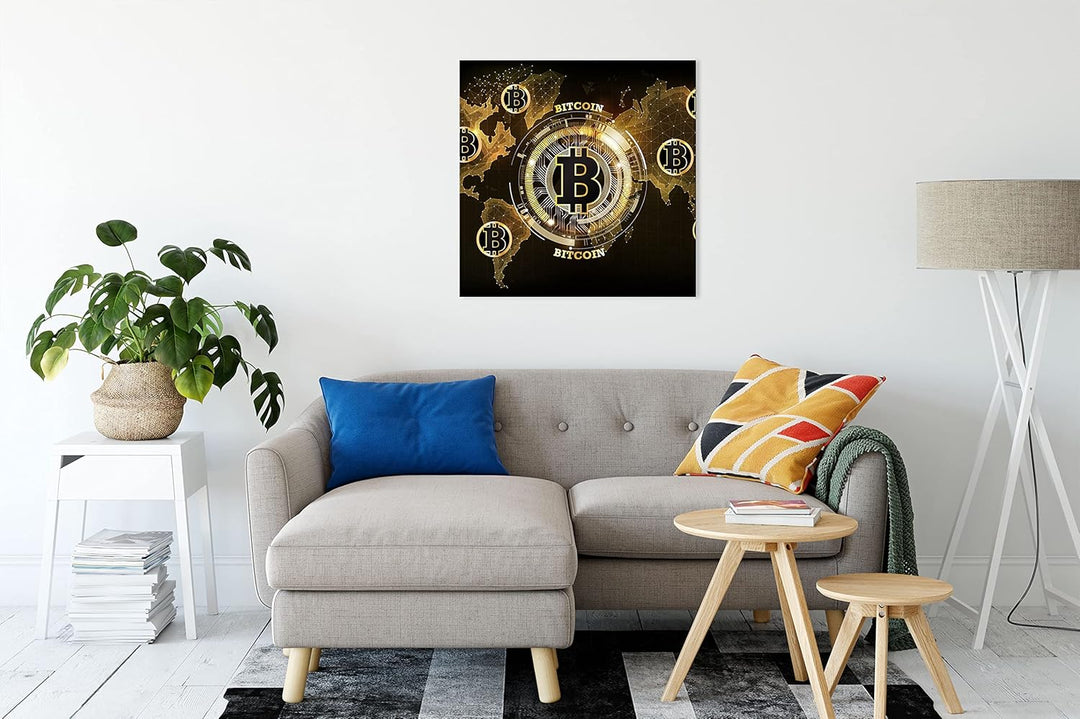 Pixxprint Weltkarte des Bitcoin BTC als Leinwandbild Quadratisch| Grösse: 70x70 cm | Wandbild | Kuns