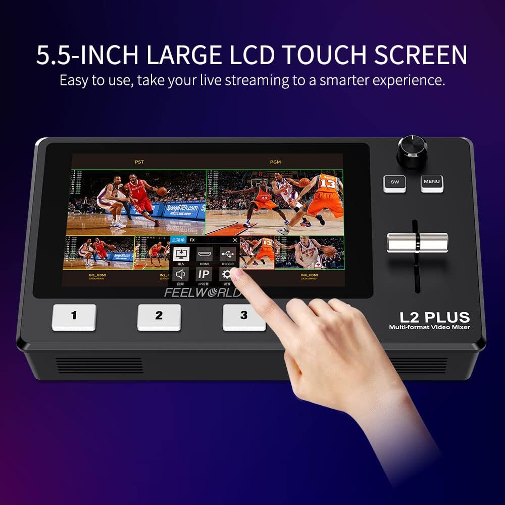 FEELWORLD L2 Plus Multi-Kamera-Video-Mixer-Umschalter 5,5" LCD-Touchscreen 4 x HDMI-Eingänge PTZ-Ste