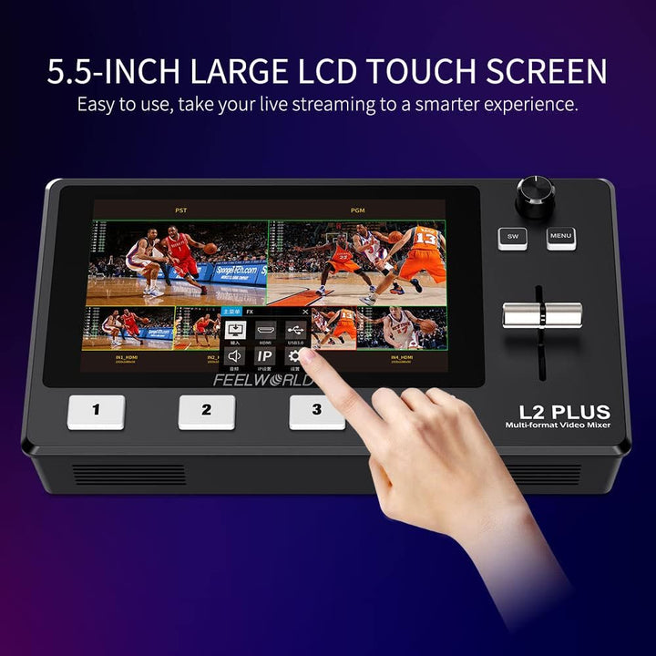 FEELWORLD L2 Plus Multi-Kamera-Video-Mixer-Umschalter 5,5" LCD-Touchscreen 4 x HDMI-Eingänge PTZ-Ste