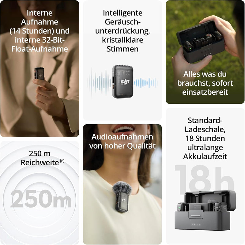 DJI Mic 2, lavalier mikrofon wireless, Rauschunterdrückung, 48kHz Interne 32-Bit-Float-Aufnahme, 250