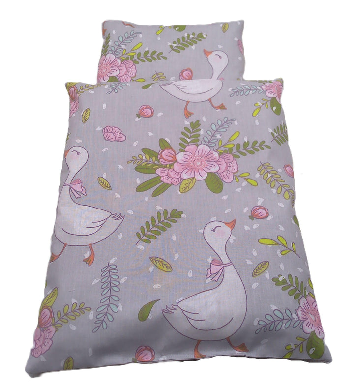 Puppenbettwäsche, Waldfreunde, Hase und Igel, Gänse und Blumen, waschbar Decke 41h x 33b, Kissen 18h