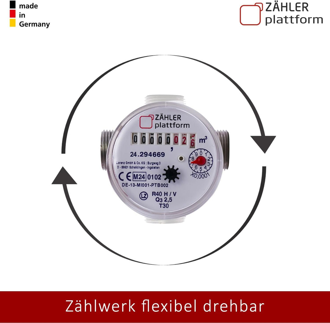 ZÄHLER plattform Zapfhahn Wasserzähler Set Durchfluss Qn 1,5, Kaltwasser, Baulänge 80 mm Eichung 202