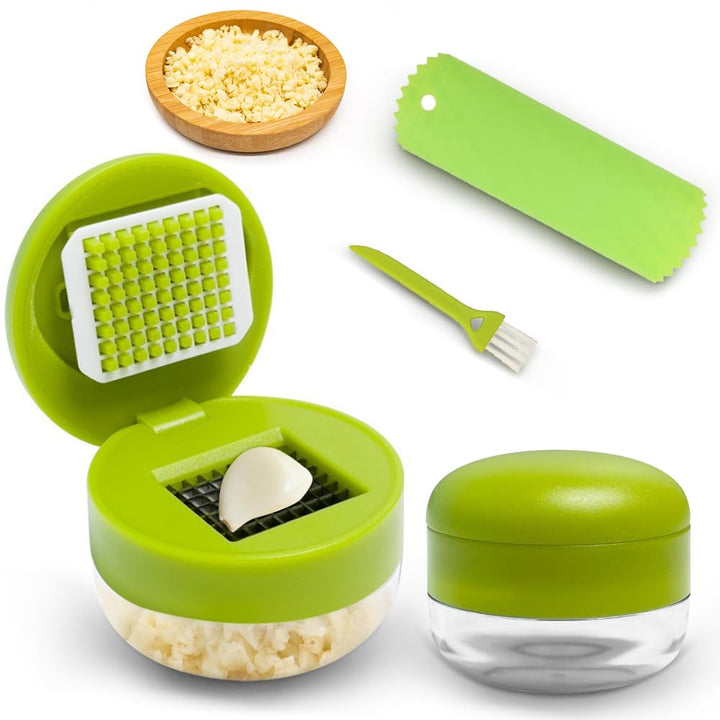 2 Stück Garlic Press, Knoblauchpresse set mit 2 Edelstahl-Schneidern, Knoblauch Hacken, Silikon-Knob