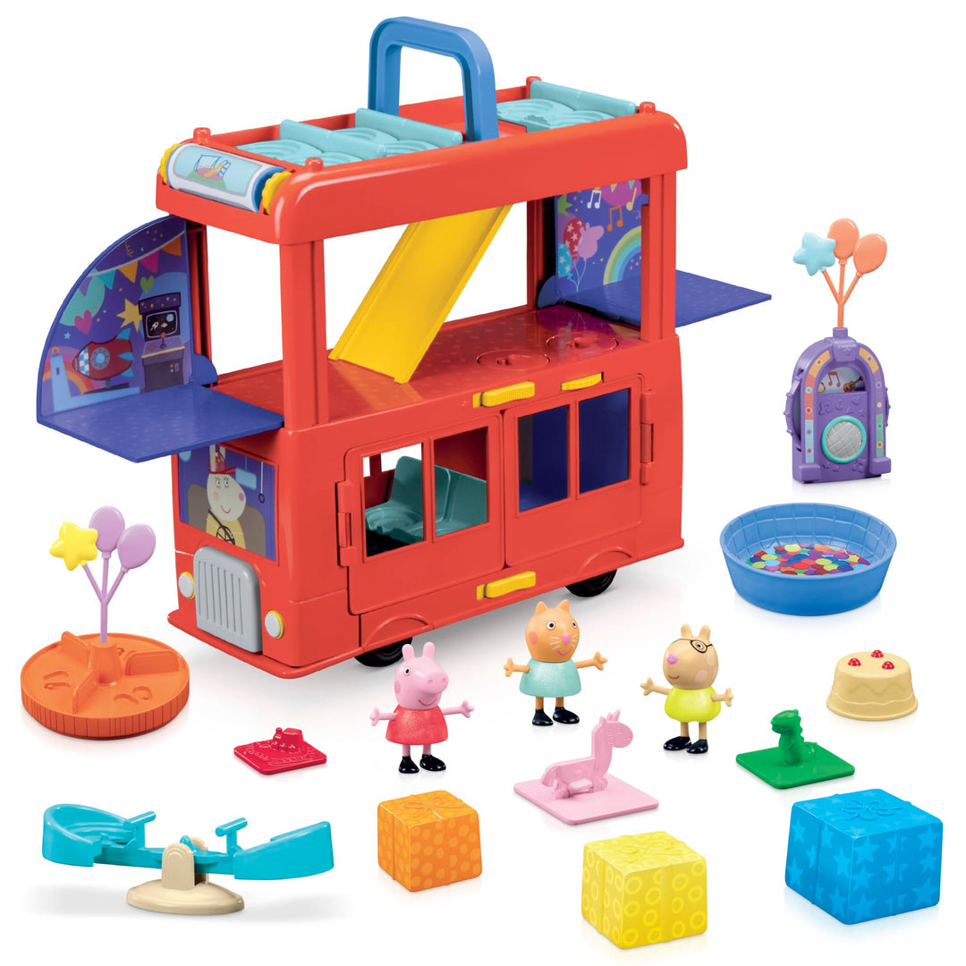 Peppa Pig Peppas 2-in-1 Party Bus Playset, Spielzeugauto mit vielen Accessoires und 3 beweglichen Fi