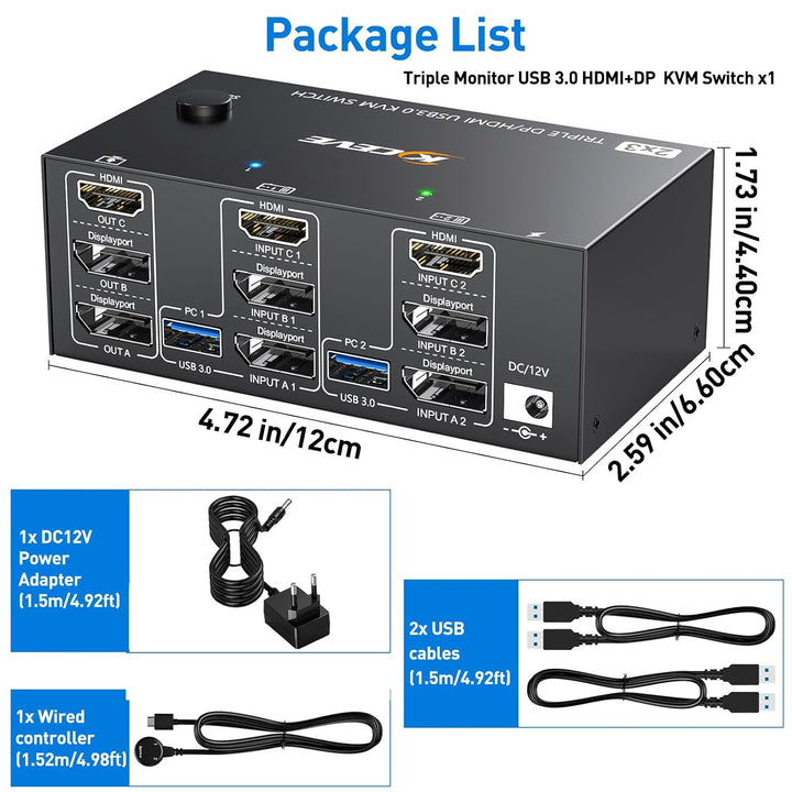USB 3.0 KVM Switch 2 PC 3 Monitore 8K@60Hz 4K@144Hz, Triple Monitor KVM Switch 2 Displayport + 1 HDM