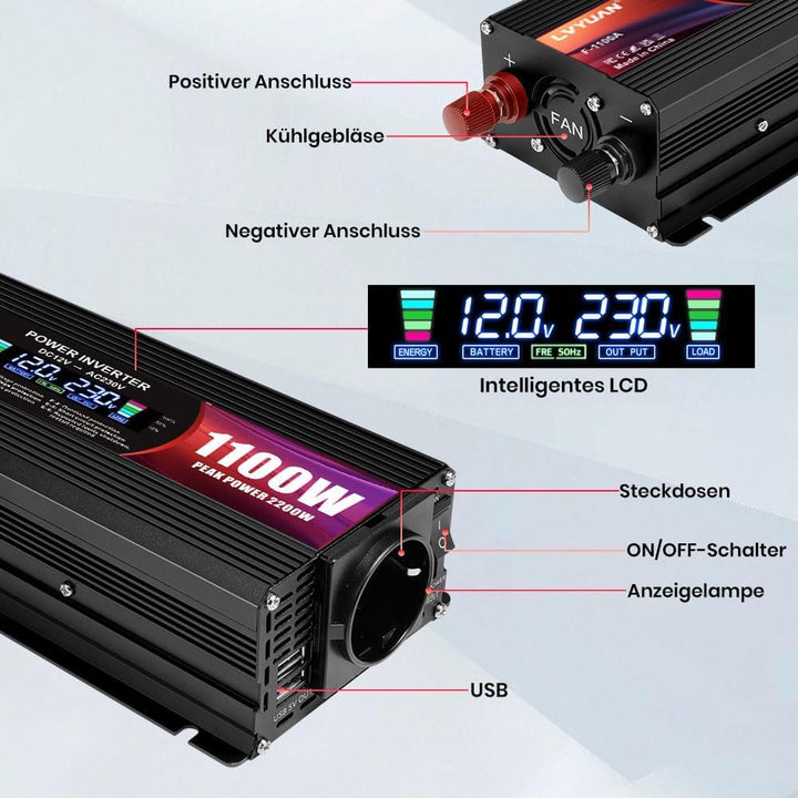 LVYUAN 1100W Wechselrichter DC 12V auf 230V AC Spannungswandler Stromwandler Inverter 2 USB Ports/EU