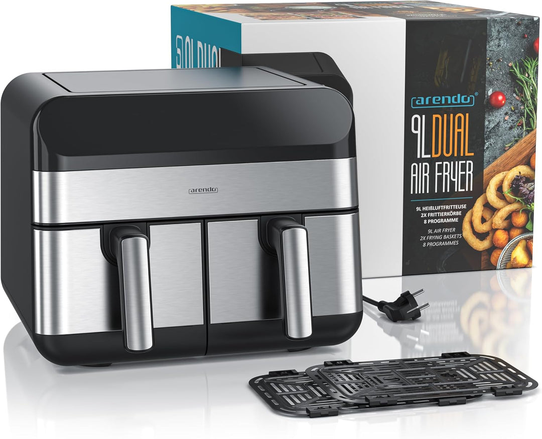 Arendo - Heissluftfritteuse 9L mit 2 Kammern - XXL Kapazität - 2 Fächer – Airfryer Backofen - 8 Prog