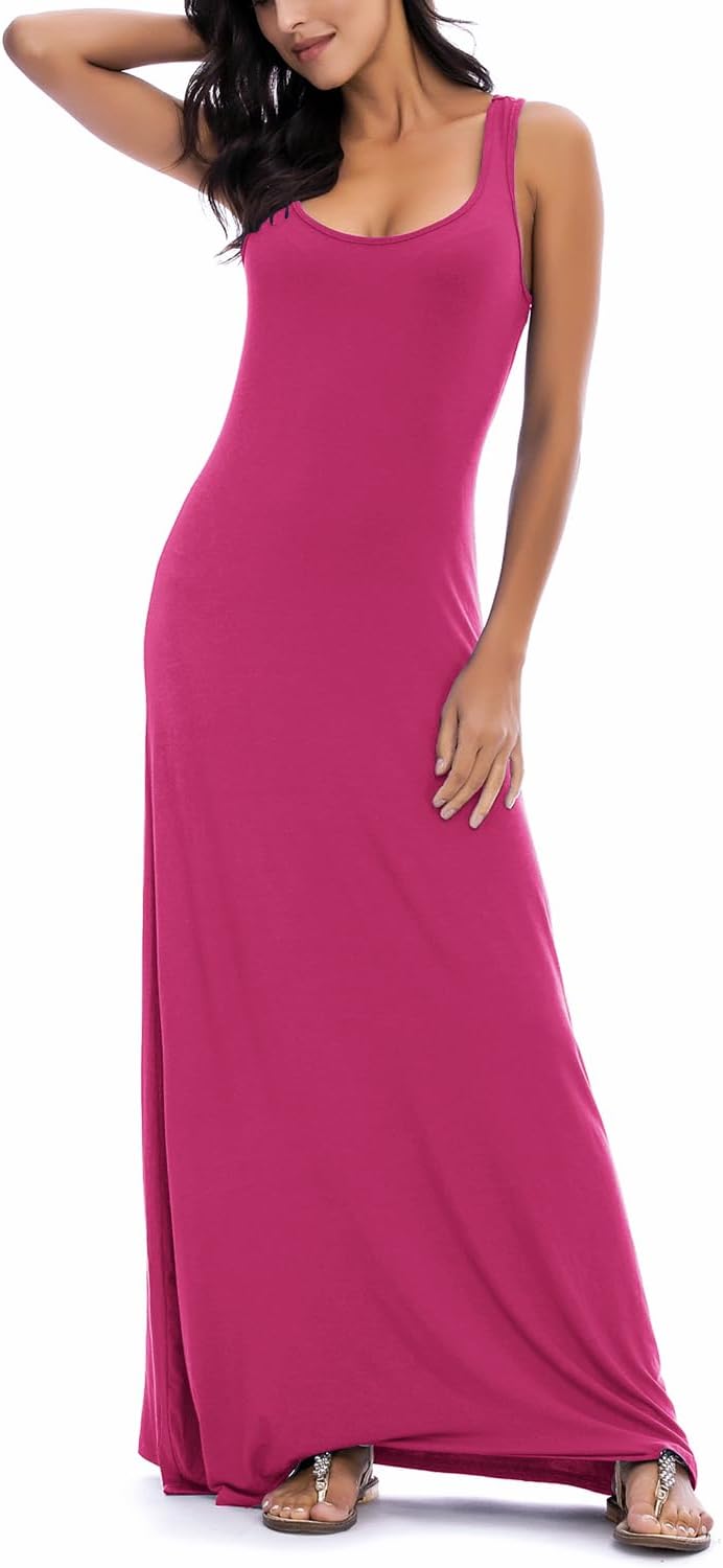 EXCHIC Damen Sommer Leichte Ärmellos Strand Maxi Kleid Elegant Elastisch Tunika Lang Kleider M Rosa,