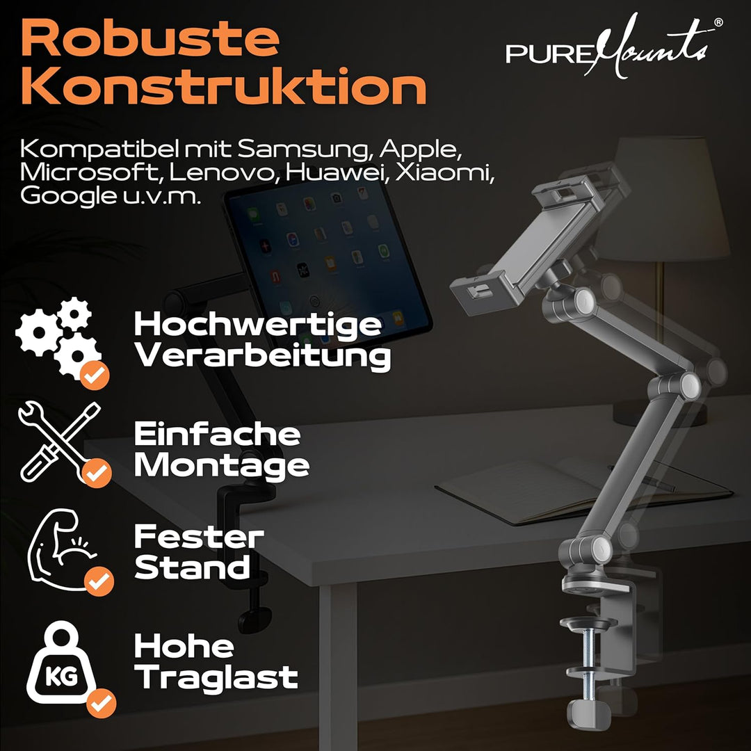 PureMounts® Tablet Tisch-Halterung, 4.7" bis 12.9" Tablets, 360° drehbar, bis zu 1kg Tragkraft, Sili