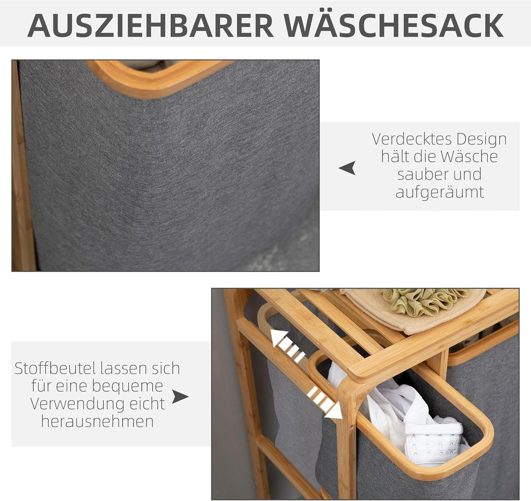 HOMCOM Wäschekorb Wäschebox mit Plattform Wäschesammler mit 3 abnehmbaren Wäschesacke Wäschesortiere