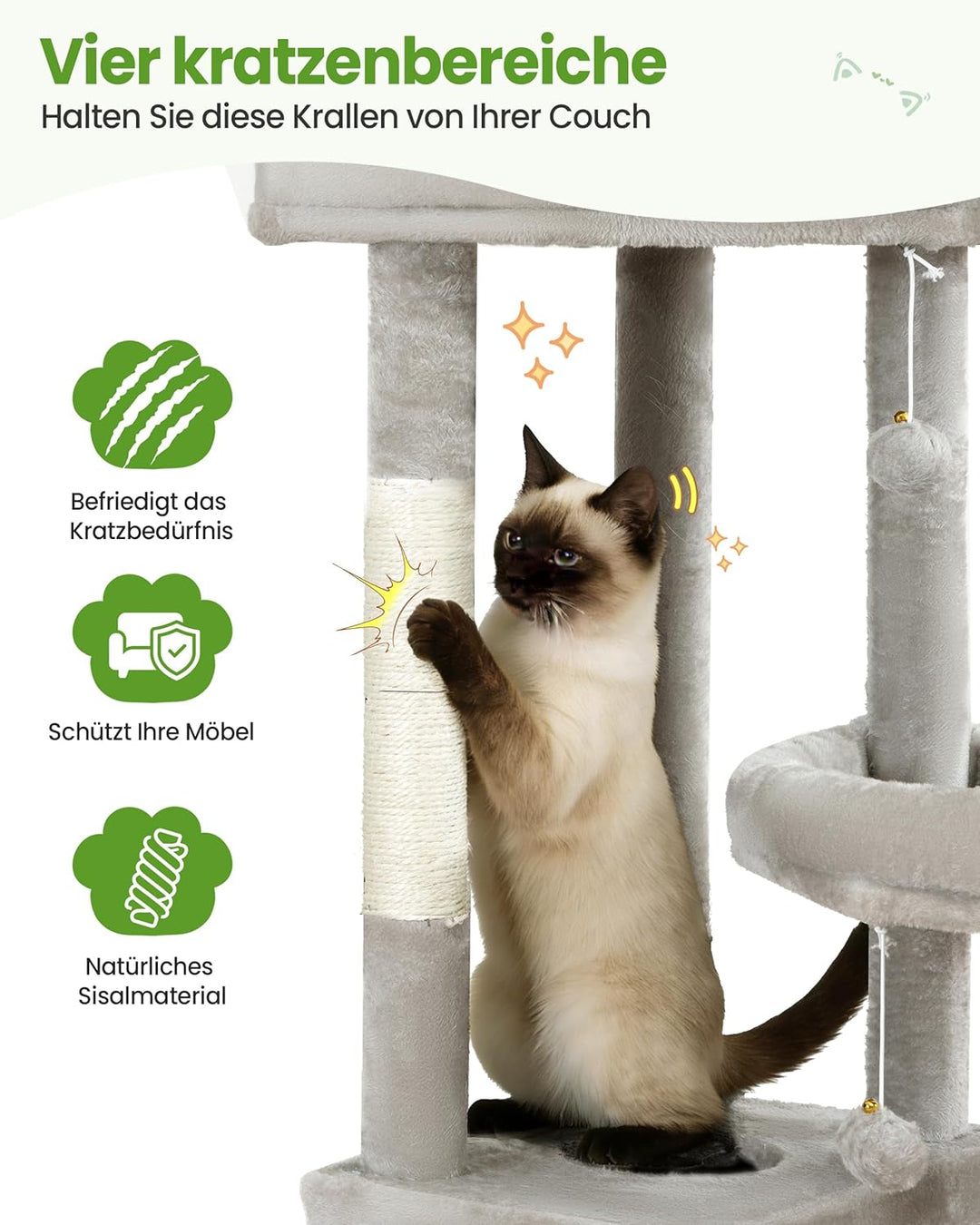 Kratzbaum Gross, Kratzbaum Grosse Katzen Stabil 170 cm hoch - Katzenbaum XL, Mehrstöckiger Katzenbau