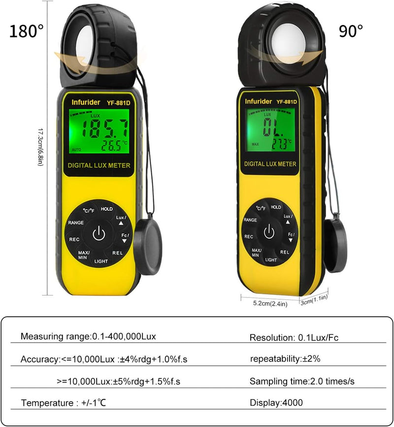 INFURIDER Digital Luxmeter Belichtungsmesser YF-881D Illuminometer 0.1-400,000 Lux Lichtmessgerät Li