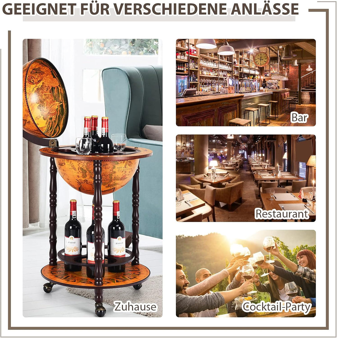 COSTWAY Globusbar Weltkugel, Barwagen Retro, Globus Bar auf Rollen, 2 Ebenen Hausbar, Servierwagen H