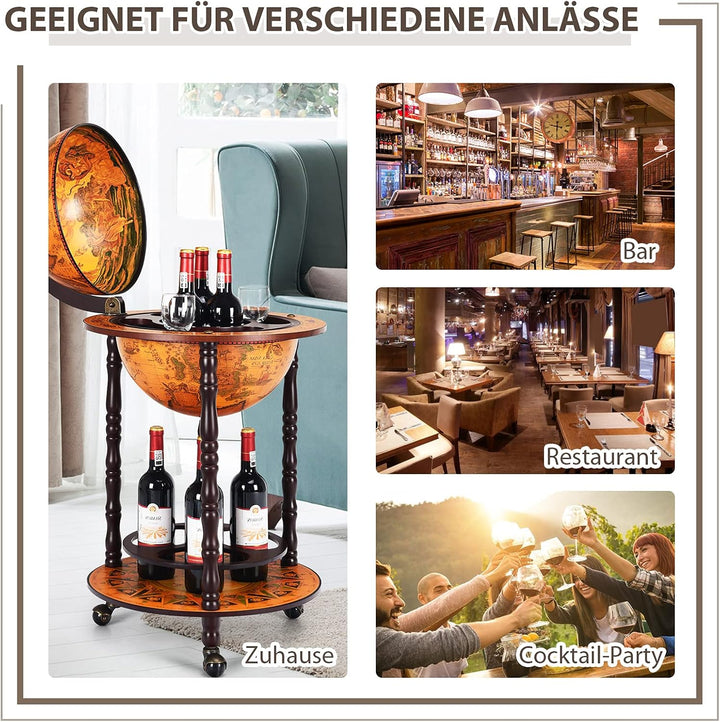 COSTWAY Globusbar Weltkugel, Barwagen Retro, Globus Bar auf Rollen, 2 Ebenen Hausbar, Servierwagen H