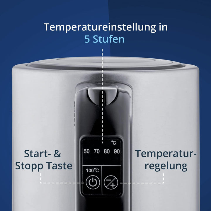 KHG Wasserkocher WK-1703 ES Edelstahl, 1,7 Liter, 5 Temperaturstufen 50-100°C, Kalkfilter, Wassersta